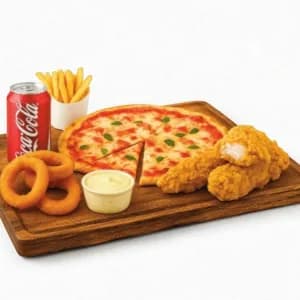 14" Margherita, Chips, Onion Rings, 4x Chicken Tenders & Any Sauce + Can